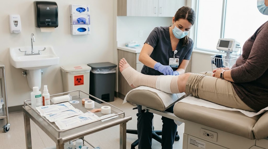 A clinician applying a dressing to a patient’s lower leg