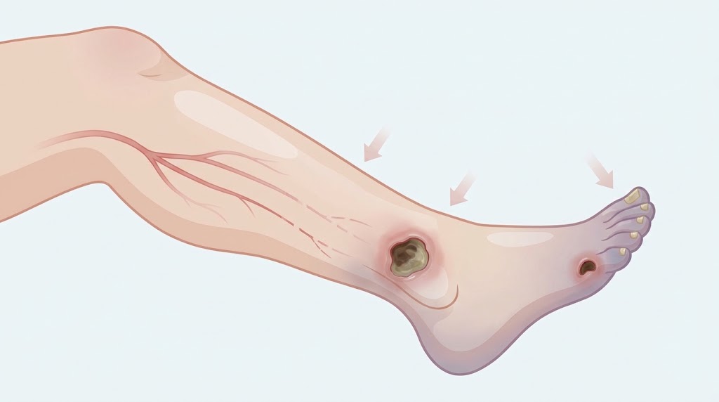 Illustration of lower-leg and foot wounds associated with reduced circulation