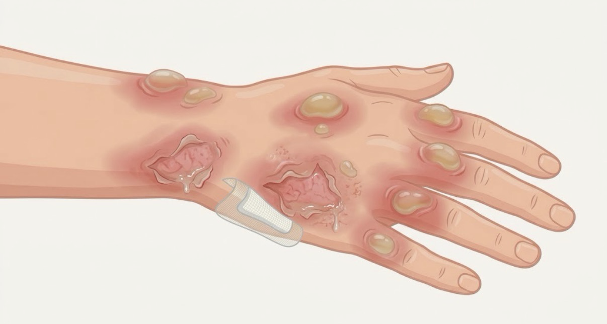Illustration of burn wounds and blisters on a hand and wrist