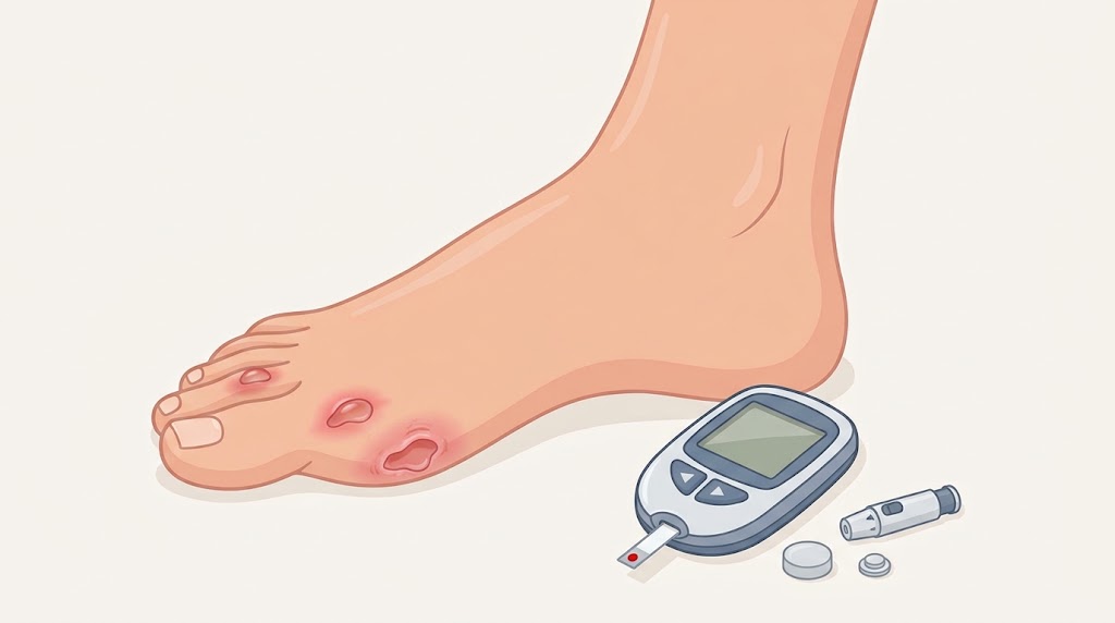 Illustration of foot wounds with diabetes-monitoring supplies