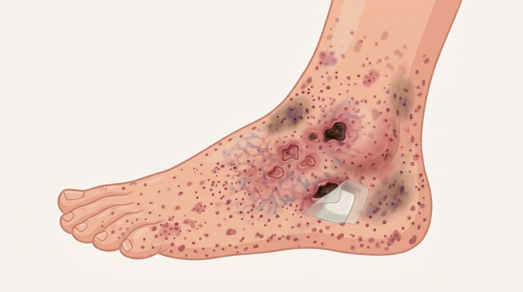 Illustration of inflammatory skin changes and ulcers on a foot and ankle