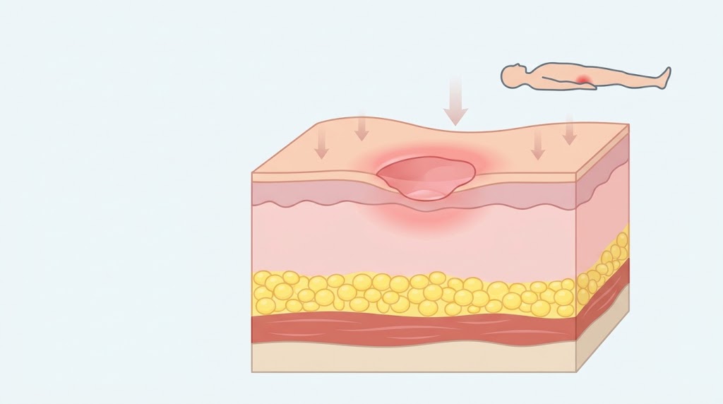 Illustration of a pressure injury and underlying skin layers