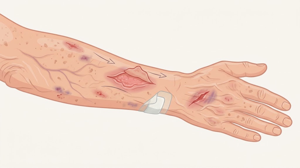 Illustration of fragile skin and skin tears on a hand and forearm