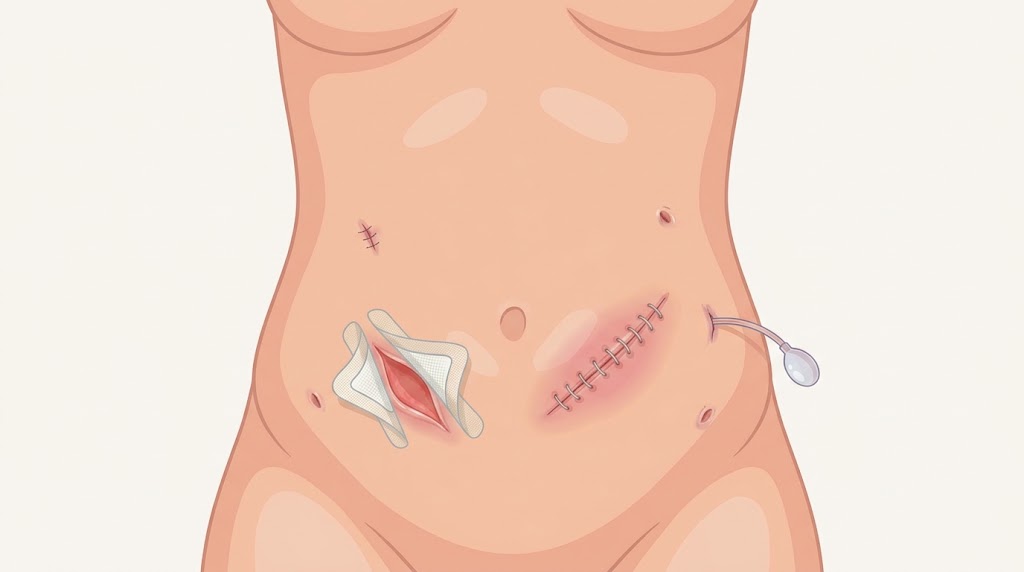 Illustration of abdominal surgical incisions and an open wound