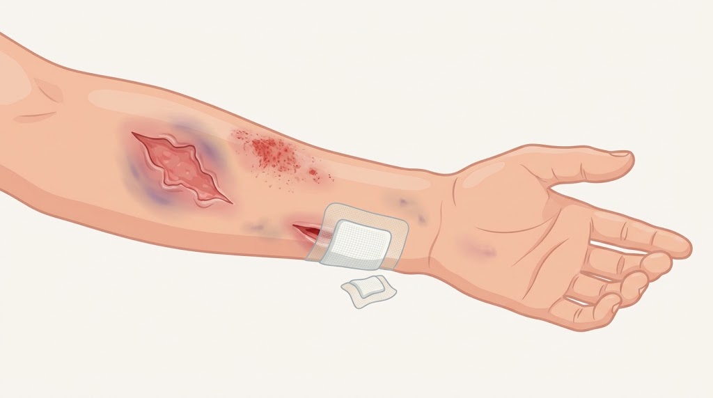 Illustration of injury-related wounds on a forearm