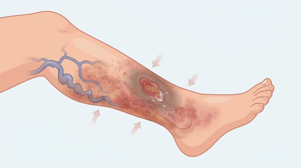 Illustration of a lower-leg ulcer with visible veins